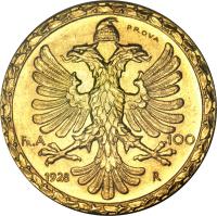 Albania coin 100 Franga Ari - Zog I (1928) reverse reverse of 100 Franga Ari - Zog I (1928) coin with KM# Pr38 from Albania. Inscription: PROVA FR.A 100 1928 R
