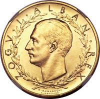 Albania coin 100 Franga Ari - Zog I (1928) obverse obverse of 100 Franga Ari - Zog I (1928) coin with KM# Pr37 from Albania. Inscription: ZOGV · I · ALBAN · REX G · ROMAGNOLI A.MOTTI-INC.