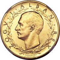 obverse of 100 Franga Ari - Zog I (1928) coin with KM# Pr37 from Albania. Inscription: ZOGV · I · ALBAN · REX G · ROMAGNOLI A.MOTTI-INC.