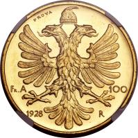 reverse of 100 Franga Ari - Zog I (1928) coin with KM# Pr37 from Albania. Inscription: PROVA FR.A 100 1928 R