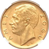 Albania coin 100 Franga Ari - Zog I (1926) obverse obverse of 100 Franga Ari - Zog I (1926) coin with KM# 11 from Albania. Inscription: AMET ZOGU