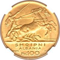 reverse of 100 Franga Ari - Zog I (1926) coin with KM# 11 from Albania. Inscription: SHQIPNI ALBANIA 1926 R Fr. 100
