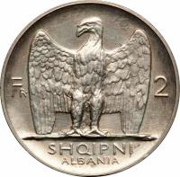 obverse of 2 Franga Ari - William (1926) coin with KM# Pr21 from Albania. Inscription: Fr · 2 SHQIPNI ALBANIA