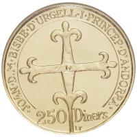 Andorra coin 250 Diners - Joan Martí i Alanis - Andorra's Governing Charter (1988) obverse obverse of 250 Diners - Joan Martí i Alanis - Andorra's Governing Charter (1988) coin with KM# 45 from Andorra. Inscription: · JOAN · D.M · BISBE · D'URGELL · I · PRINCEP · D'ANDORRA · 250 Diners LT