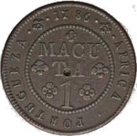 Angola coin 1 Macuta - Maria I & Pedro III (1783 - 1786) reverse reverse of 1 Macuta - Maria I & Pedro III (1783 - 1786) coin with KM# 20 from Angola. Inscription: AFRICA · PORTUGUEZA · 1786 MACUTA 1
