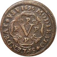 reverse of 5 Réis - Pedro II (1695 - 1696) coin with KM# 3 from Angola. Inscription: MODERATO SPLENDEAT VSV · 1696 · P P V P P