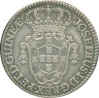 obverse of 6 Macutas - José I (1762 - 1770) coin with KM# 15 from Angola. Inscription: JOSEPHUS · I · D · G · REX · P · ET · D · GUINEAE ·