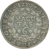 reverse of 6 Macutas - José I (1762 - 1770) coin with KM# 15 from Angola. Inscription: AFRICA · PORTUGUEZA · 1770 MACUTAS 6