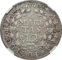 reverse of 12 Macutas - José I (1762 - 1770) coin with KM# 18 from Angola. Inscription: AFRICA · PORTUGUEZA · 1770 MACUTAS 12