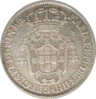 obverse of 4 Macutas - Maria I & Pedro III (1783 - 1784) coin with KM# 22 from Angola. Inscription: MARIA · I · E · PETRUS · III · D · G · REGENTES · · P · E · D · GUINEƷ