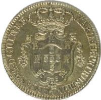 obverse of 12 Macutas - Maria I & Pedro III (1783) coin with KM# 25 from Angola. Inscription: MARIA · I · E · PETRUS · III · D · G · REGENTES · · P · E · D · GUINEƷ