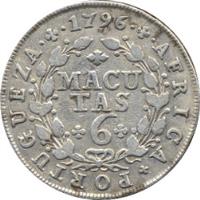 Angola coin 6 Macutas - Maria I (1789 - 1796) reverse reverse of 6 Macutas - Maria I (1789 - 1796) coin with KM# 33 from Angola. Inscription: AFRICA · PORTUGUEZA · 1796 MACUTAS 6