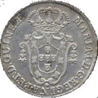 obverse of 8 Macutas - Maria I (1789 - 1796) coin with KM# 34 from Angola. Inscription: MARIA · I · D · G · REGINAE · P · ET · D · GUINEƷ