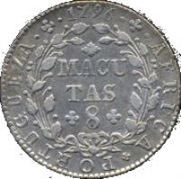 reverse of 8 Macutas - Maria I (1789 - 1796) coin with KM# 34 from Angola. Inscription: AFRICA · PORTUGUEZA · 1796 MACUTAS 8