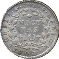 reverse of 10 Macutas - Maria I (1796) coin with KM# 36 from Angola. Inscription: AFRICA · PORTUGUEZA · 1796 MACUTAS 10