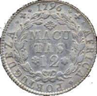 Angola coin 12 Macutas - Maria I (1789 - 1796) reverse reverse of 12 Macutas - Maria I (1789 - 1796) coin with KM# 37 from Angola. Inscription: AFRICA · PORTUGUEZA · 1796 MACUTAS 12