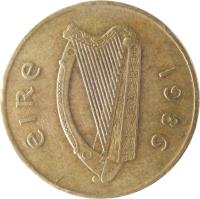 obverse of 20 Pingin (1986 - 2000) coin with KM# 25 from Ireland. Inscription: éIRe 1986