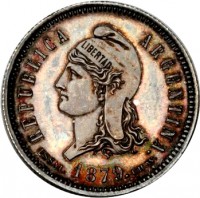 obverse of 40 Centavos Fuertes (1879) coin with KM# E4 from Argentina. Inscription: REPUBLICA ARGENTINA. LIBERTAD ESSAI. 1879. C.WURDEN