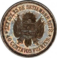 Argentina coin 40 Centavos Fuertes (1879) reverse reverse of 40 Centavos Fuertes (1879) coin with KM# E4 from Argentina. Inscription: LEY DEL 25 DE SETIEMBRE 1878. 40 CENTAVOS FUERTES.