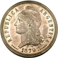 obverse of 1 Patacón (1879) coin with KM# E6 from Argentina. Inscription: REPUBLICA ARGENTINA ESSAI. 1879. C.WURDEN