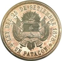 reverse of 1 Patacón (1879) coin with KM# E6 from Argentina. Inscription: LEY DEL 25 DE SETIEMBRE 1878. UN PATACON.