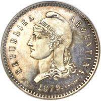 obverse of 80 Centavos Fuertes (1879) coin with KM# E5 from Argentina. Inscription: REPUBLICA ARGENTINA. ESSAI. 1879. C.WURDEN