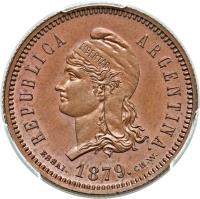 obverse of 40 Centavos Fuertes (1879) coin with KM# E4a from Argentina. Inscription: REPUBLICA ARGENTINA. ESSAI. 1879. C.WURDEN