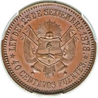 Argentina coin 40 Centavos Fuertes (1879) reverse reverse of 40 Centavos Fuertes (1879) coin with KM# E4a from Argentina. Inscription: LEY DEL 25 DE SETIEMBRE 1878. 40 CENTAVOS FUERTES.