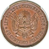 reverse of 40 Centavos Fuertes (1879) coin with KM# E4a from Argentina. Inscription: LEY DEL 25 DE SETIEMBRE 1878. 40 CENTAVOS FUERTES.