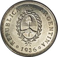 obverse of 50 Centavos (1936) coin with KM# Pn46 from Argentina. Inscription: REPUBLICA ARGENTINA * 1936 *