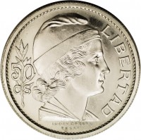 reverse of 50 Centavos (1940) coin with KM# Pn54 from Argentina. Inscription: 50 CS LIBERTAD LUCIEN BAZOR ESSAI