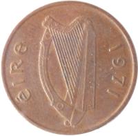 obverse of 1/2 Pingin (1971 - 1986) coin with KM# 19 from Ireland. Inscription: éIRe 1971