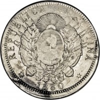 obverse of 1 Peso (1880) coin with KM# Pn20 from Argentina. Inscription: REPUBLICA ARGENTINA * 1880 *