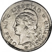 reverse of 1 Peso (1880) coin with KM# Pn20 from Argentina. Inscription: LIBERTAD * UN PESO * 9 Dos FINO *