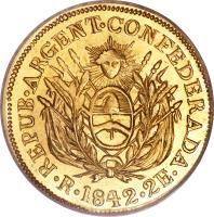 obverse of 2 Escudos (1842) coin with KM# 13 from Argentine provinces. Inscription: 1842