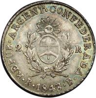 obverse of 2 Reales (1843) coin with KM# 15 from Argentine provinces.