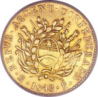 Argentine provinces coin 2 Escudos (1843) obverse obverse of 2 Escudos (1843) coin with KM# 17 from Argentine provinces. Inscription: 1843