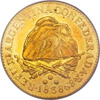 reverse of 8 Escudos (1838 - 1840) coin with KM# 9 from Argentine provinces. Inscription: 1838