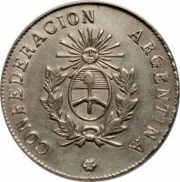 Argentine provinces coin 2 Reales (1859 - 1860) obverse obverse of 2 Reales (1859 - 1860) coin with KM# 26 from Argentine provinces. Inscription: CONFEDERACION ARGENTINA