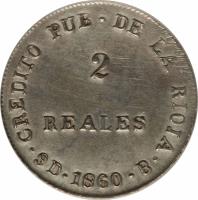 reverse of 2 Reales (1859 - 1860) coin with KM# 26 from Argentine provinces. Inscription: · CREDITO PUB · DE LA RIOJA · 2 REALES 9D · 1860 · B