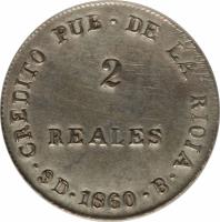Argentine provinces coin 2 Reales (1859 - 1860) reverse reverse of 2 Reales (1859 - 1860) coin with KM# 26 from Argentine provinces. Inscription: · CREDITO PUB · DE LA RIOJA · 2 REALES 9D · 1860 · B