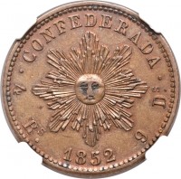 Argentine provinces coin 4 Reales (1852) obverse obverse of 4 Reales (1852) coin with KM# Pn10 from Argentine provinces. Inscription: CONFEDERADA 4 Rs 1852 9 Ds