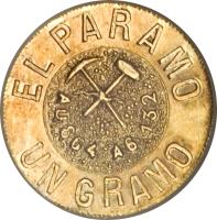 reverse of 1 Gramo (1889) coin with KM# Tn5 from Argentine provinces. Inscription: EL PARANO AU864 46 132 UN GRAMO