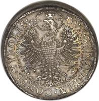 reverse of 2 Speciestaler - Ferdinand Karl - Hall mint (1654) coin with KM# 984 from Austria.