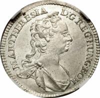 obverse of 3 Kreuzer - Maria Theresa - Vienna mint (1742 - 1745) coin with KM# 1691 from Austria. Inscription: MAR.THERESIA D:G REG.HUNG.BOH