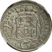 reverse of 3 Kreuzer - Maria Theresa - Vienna mint (1742 - 1745) coin with KM# 1691 from Austria. Inscription: ARCH.AUST.DUX BU.COM.TYR.1743 (3)