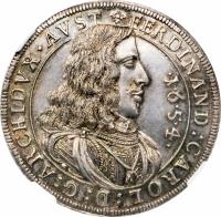 obverse of 1/2 Taler - Ferdinand Karl - Hall mint (1654) coin with KM# 983 from Austria.