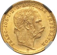 Austria coin 1 Ducat - Franz Joseph I (1866) obverse obverse of 1 Ducat - Franz Joseph I (1866) coin with KM# 2265 from Austria.