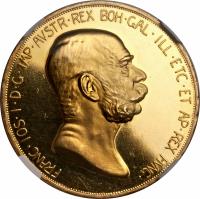 obverse of 100 Corona - Franz Joseph I - Reign (1908) coin with KM# 2812 from Austria. Inscription: FRANC · IOS · I · D · G · IMP · AVSTR · REX BOH · GAL · ILL · ETC · ET AP · REX HUNG ·