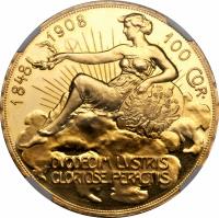 reverse of 100 Corona - Franz Joseph I - Reign (1908) coin with KM# 2812 from Austria. Inscription: 1848 1908 100 COR · DVODECIM LVSTRIS GLORIOSE PERACTIS